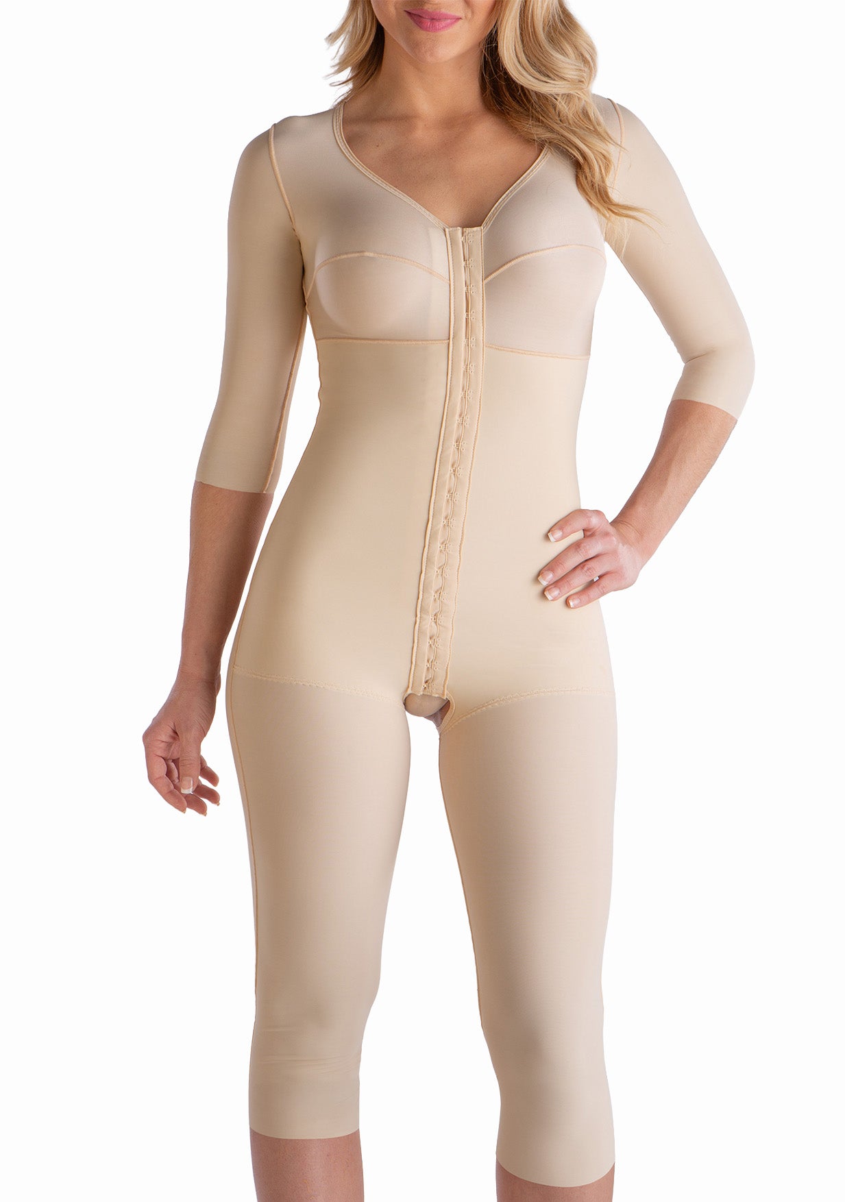 Below the Knee Bodysuit with Bra, Front Closure & Sleeves (BB09-BK)