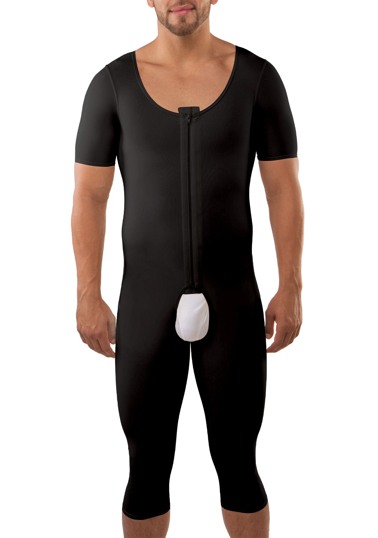 Male Below the Knee Compression Bodysuit w/Sleeves & Zipper (MG07-BK)