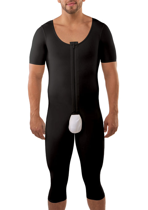 Body de compresión para hombre por debajo de la rodilla con mangas y cremallera (MG07-BK)