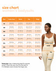 Size chart for women's bodysuits with measurements and a model wearing the bodysuit.