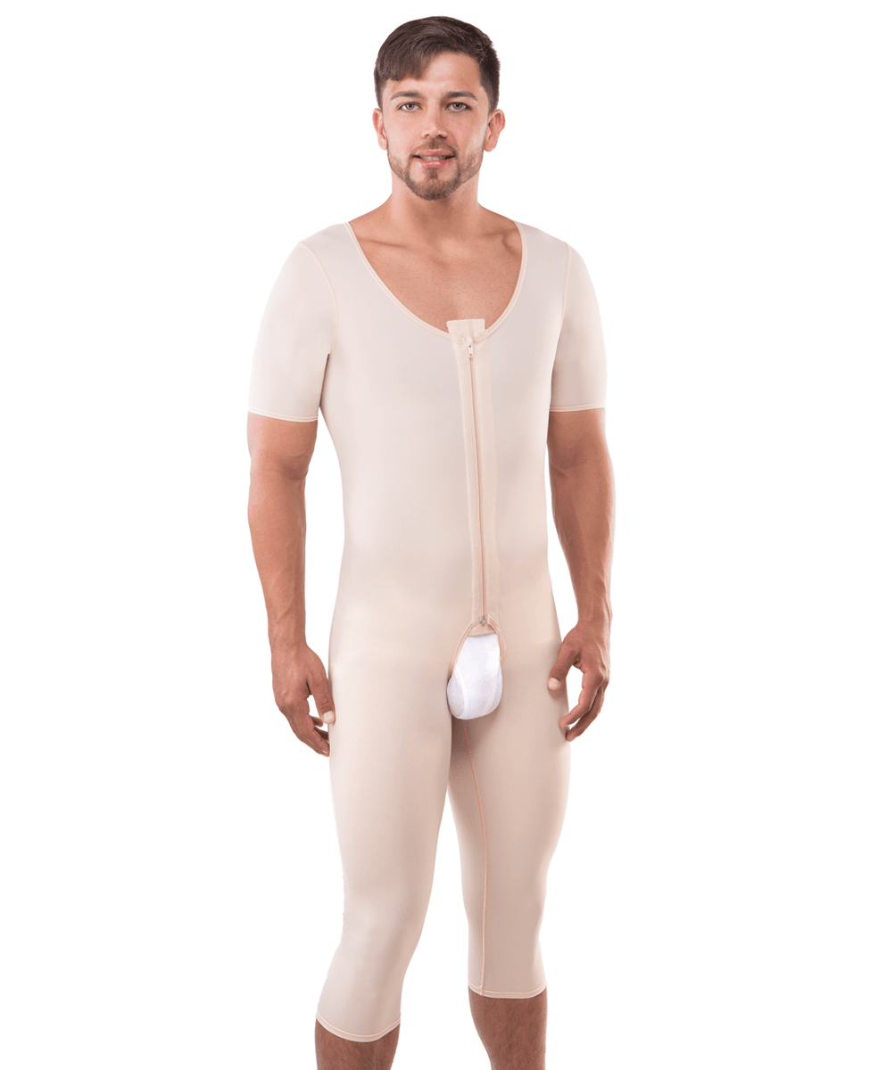 Male Full Body Mid Below the Knee Abdominal Cosmetic Surgery Compression  Garment with Zipper (Short Sleeve)(MG07-BK)