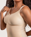 Close-up of the built-in medical bra on the BB02 bodysuit, featuring lace-free soft cups and flat-seamed straps for post-breast surgery support.