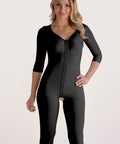Front view of the BB09-BK full body compression suit in black, highlighting the integrated surgical bra, front-hook closure, and lace-free design.
