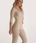 Isavela BB09-BK Stage 1 full body suit in beige, showing 3/4 sleeves and below-knee coverage for post-surgical recovery with flat-seamed medical fabric.