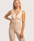 Isavela BB09-NS Stage 1 full body suit in beige, featuring an integrated surgical bra and sleeveless design for multi-procedural recovery with flat-seamed fabric."