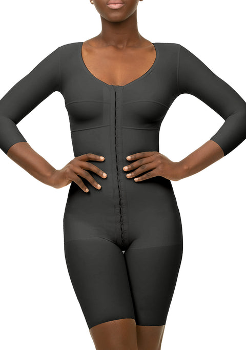 Black bodysuit worn by a model on a white background