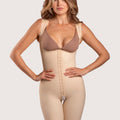 Isavela BE13 Stage 1 glute-lifting bodysuit in beige, featuring a front hook-and-eye closure and high-back support for BBL recovery with flat-seamed fabric.