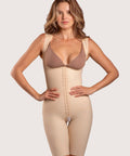 Isavela BE13 Stage 1 glute-lifting bodysuit in beige, featuring a front hook-and-eye closure and high-back support for BBL recovery with flat-seamed fabric.