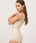 Isavela BS01 Stage 1 panty-length bodysuit with adjustable suspenders and side zippers for liposuction and tummy tuck recovery, featuring flat-seamed medical-grade fabric.