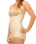 Isavela BS01 Stage 1 panty-length bodysuit with adjustable suspenders and side zippers for liposuction and tummy tuck recovery, featuring flat-seamed medical-grade fabric.