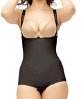 Isavela BS02 Stage 2 panty-length bodysuit with adjustable suspenders and zipper-free design for liposuction and tummy tuck recovery, seamless black medical fabric.