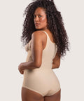 Back view of Isavela BS02 Stage 2 panty-length bodysuit with adjustable suspenders for abdominal and hip recovery, featuring flat-seamed medical-grade fabric.