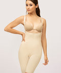 Isavela BS03 Stage 1 mid-thigh bodysuit with adjustable suspenders and side zippers for liposuction recovery, featuring flat-seamed medical fabric.