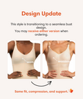 Comparison of a traditional bra with seams and a seamless bra, with text indicating design update and same fit, compression, and support.