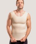 Isavela MG04 Stage 2 male compression vest in beige for gynecomastia and abdominal recovery, featuring a pull-on design with flat-seamed medical fabric.