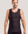 Front view of the Isavela MG04 Stage 2 male compression vest in black, highlighting the latex-free medical fabric and flat-seamed finish for chest contouring