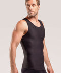 Side view of the MG04 male surgical vest in black, showing the low-profile fit and flat-seamed armholes designed for discreet Stage 2 contouring.
