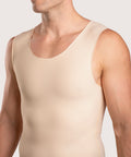 Detailed front view of the MG04 Stage 2 male vest in black, highlighting the latex-free chest compression panel and flat-seamed neck opening.