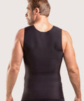 Full rear view of the MG04 black male surgical vest, showing the high-back compression and stable fit for post-operative abdominal support.
