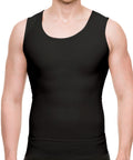 Front view of the MG05 male surgical vest in black, highlighting the latex-free chest compression and secure waistband design.
