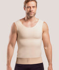 Isavela MG05 Stage 2 male compression vest in beige, featuring a 3-inch elastic waistband and flat-seamed medical fabric for abdominal support.