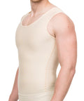 Side profile of the MG05 male compression garment, showing the 3-inch reinforced waistband that prevents the vest from riding up during movement.