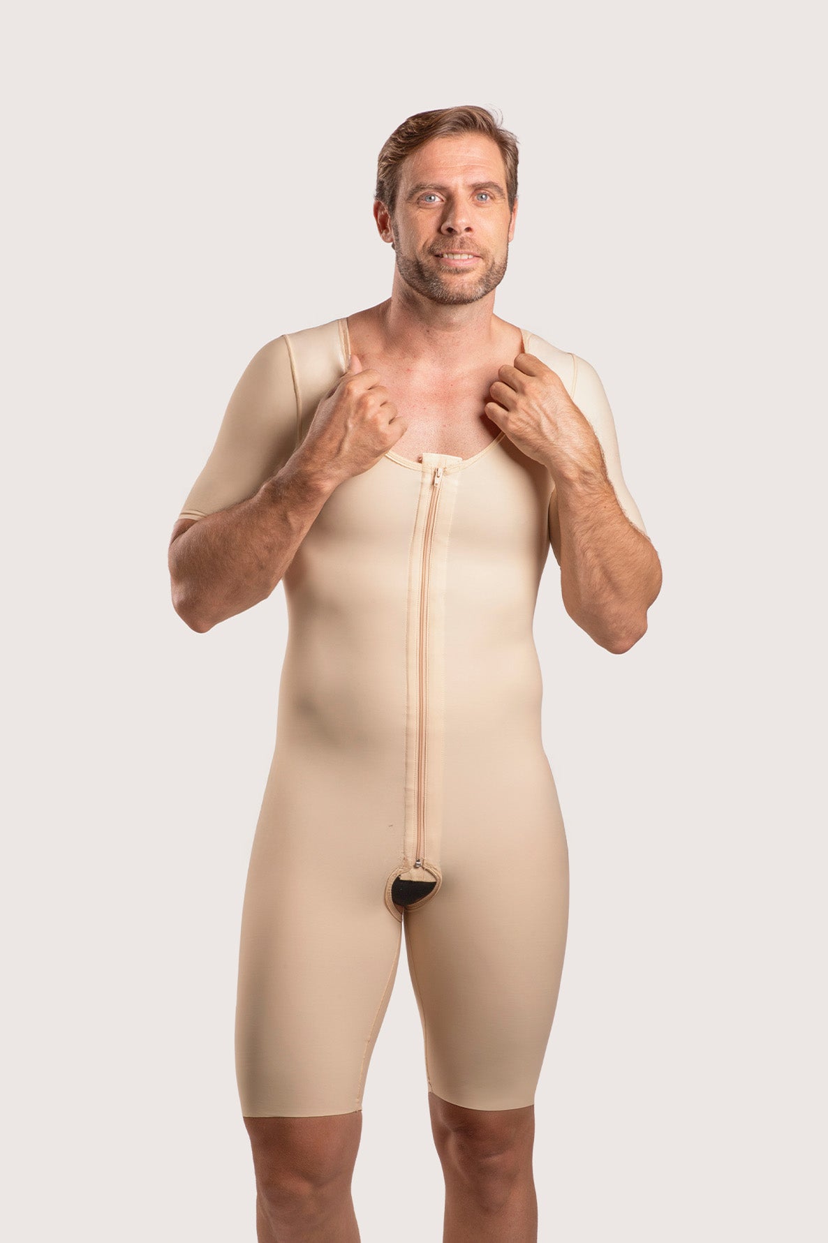 Male Mid-Thigh Compression Bodysuit w/Sleeves & Zipper (MG07