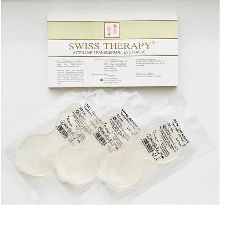 Pack of three Swiss Therapy eye masks, showing the medical-grade packaging and the reusable, easy-to-clean hydrogel structure.