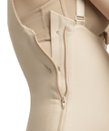 Isavela BS01 Stage 1 panty-length bodysuit with adjustable suspenders and side zippers for liposuction and tummy tuck recovery, featuring flat-seamed medical-grade fabric.