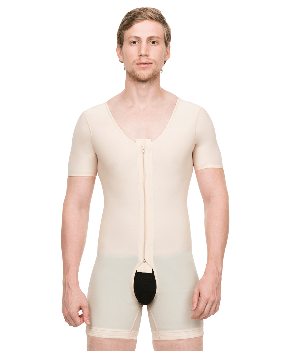 Male Full Body Above Knee Length Abdominal Cosmetic Surgery Compression Garment with Zipper (Short Sleeve) (MG07) - Isavela Compression Garments