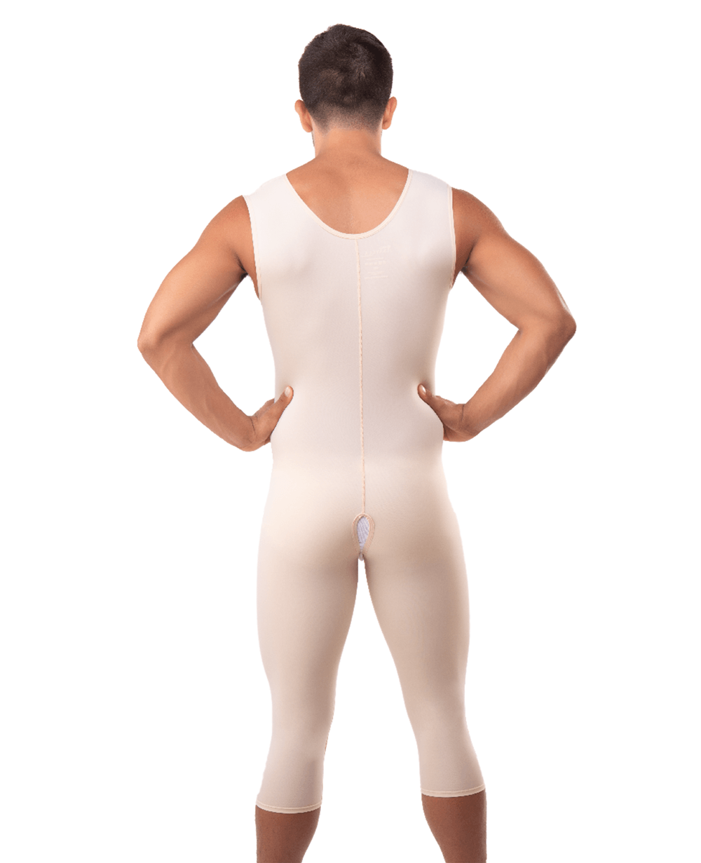 Male Full Body Below the Knee Length Abdominal Cosmetic Surgery Compression Garment with Zipper (Sleeveless) (MG02-BK) - Isavela Compression Garments
