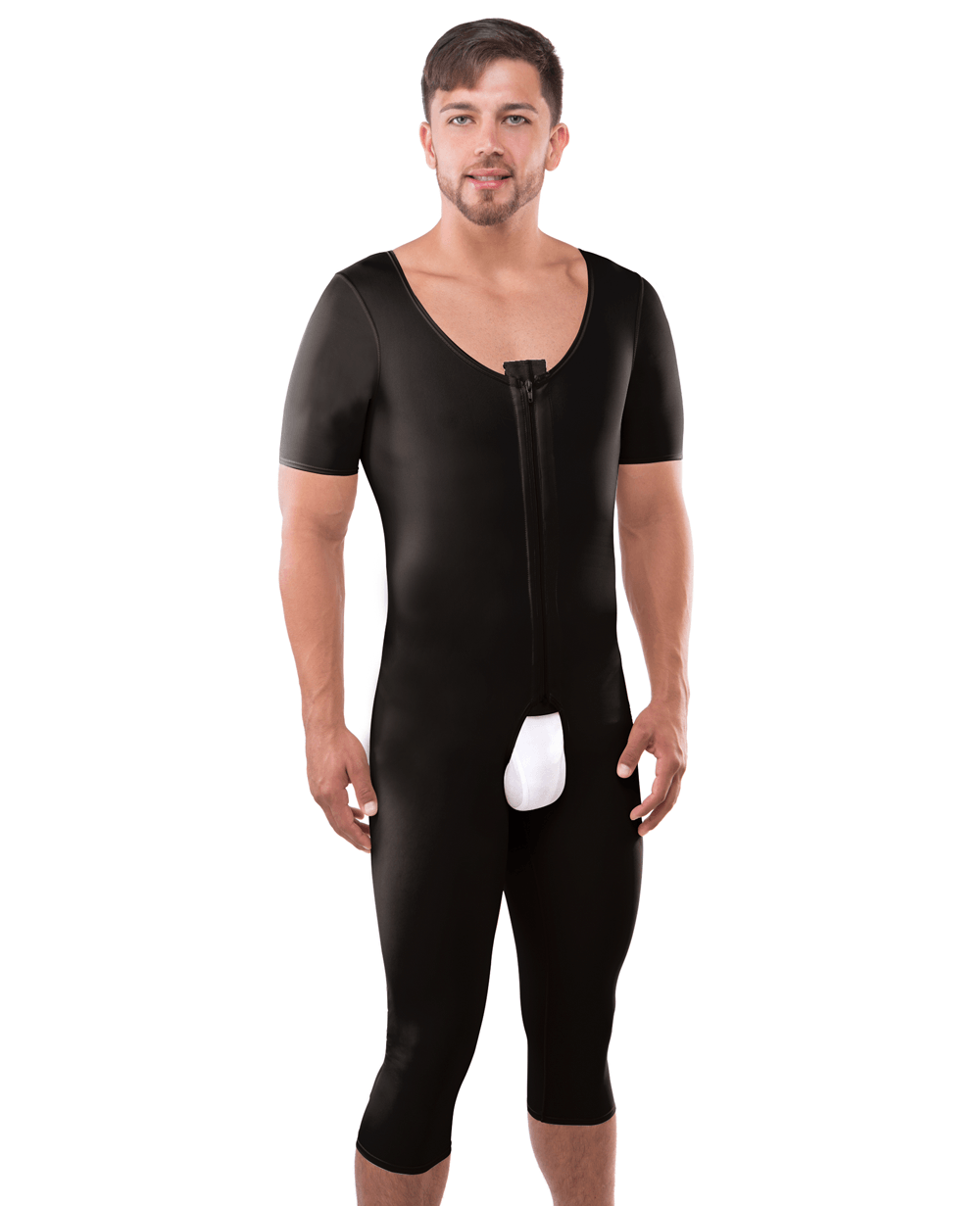 Male Full Body Mid Below the Knee Abdominal Cosmetic Surgery Compression Garment with Zipper (Short Sleeve)(MG07-BK) - Isavela Compression Garments