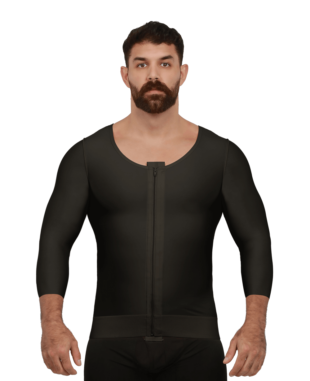 Male Mid Sleeve (3/4) Abdominal Cosmetic Surgery Compression Vest with Zipper (MG06-MS) - Isavela Compression Garments